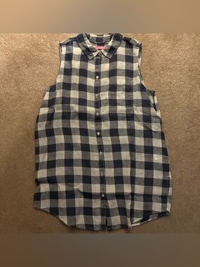 Isaac Mizrahi Sleeveless Navy White Button-Down Shirt 100% linen size small